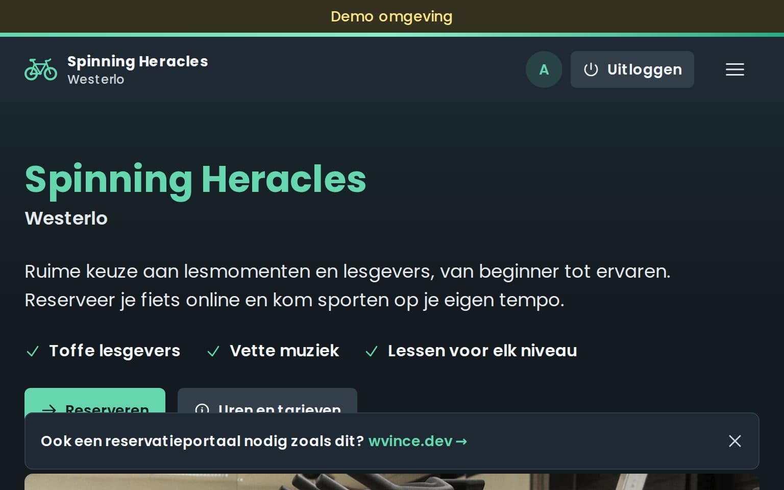 De demo-omgeving van het reservatieplatform van Spinning Westerlo