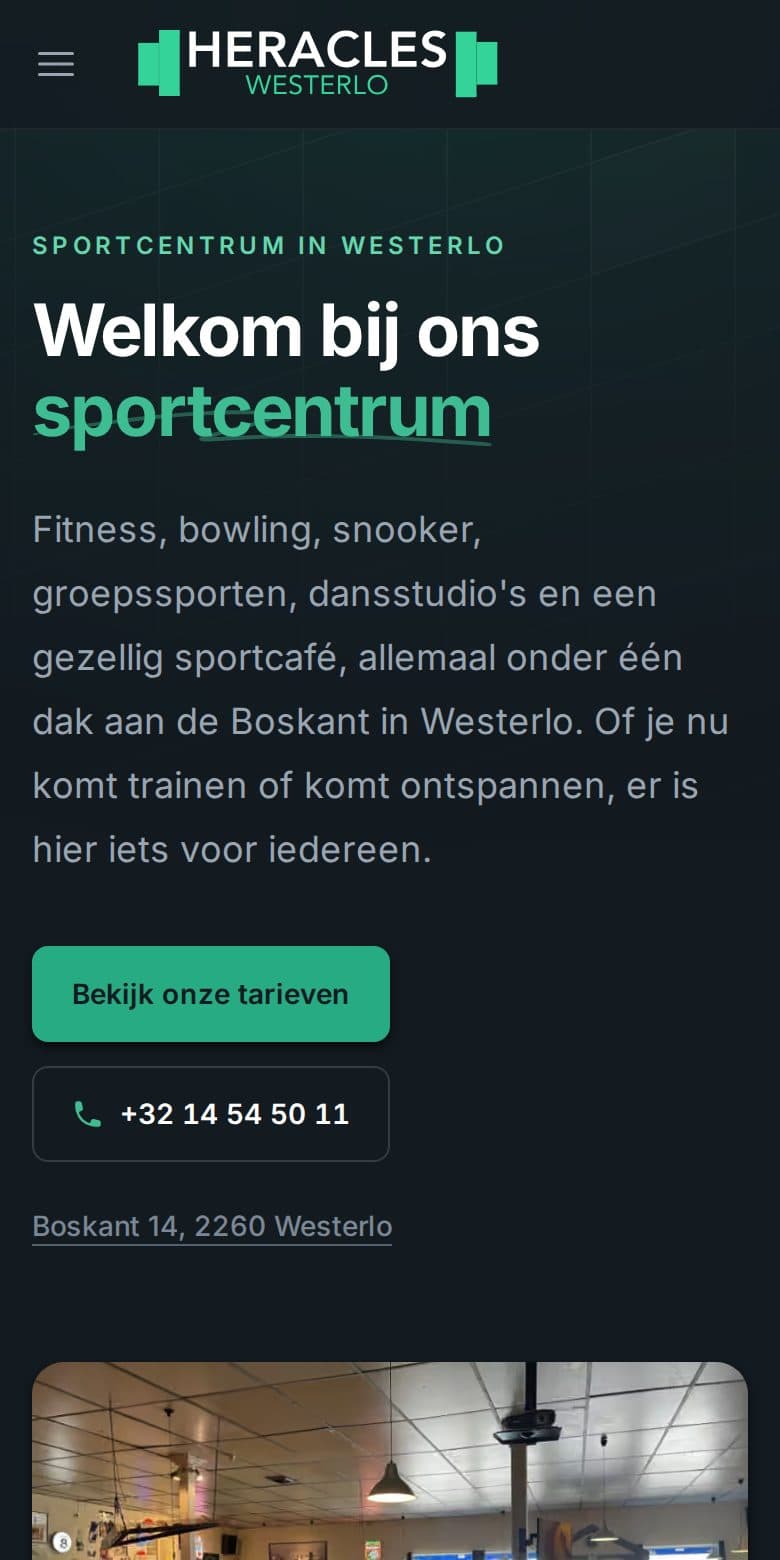 De homepage van heracleswesterlo.be op een gsm
