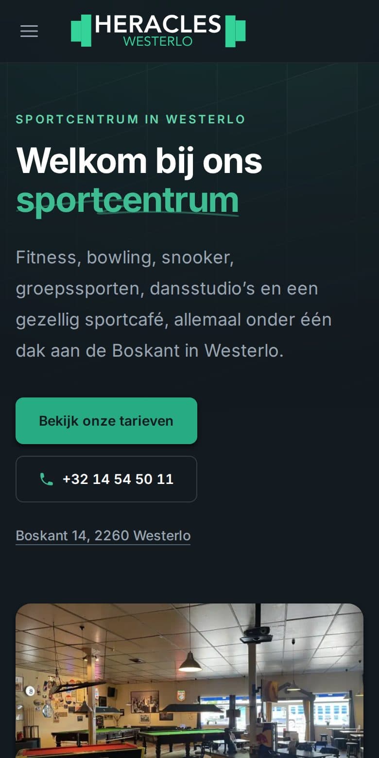 De homepage van heracleswesterlo.be op een gsm