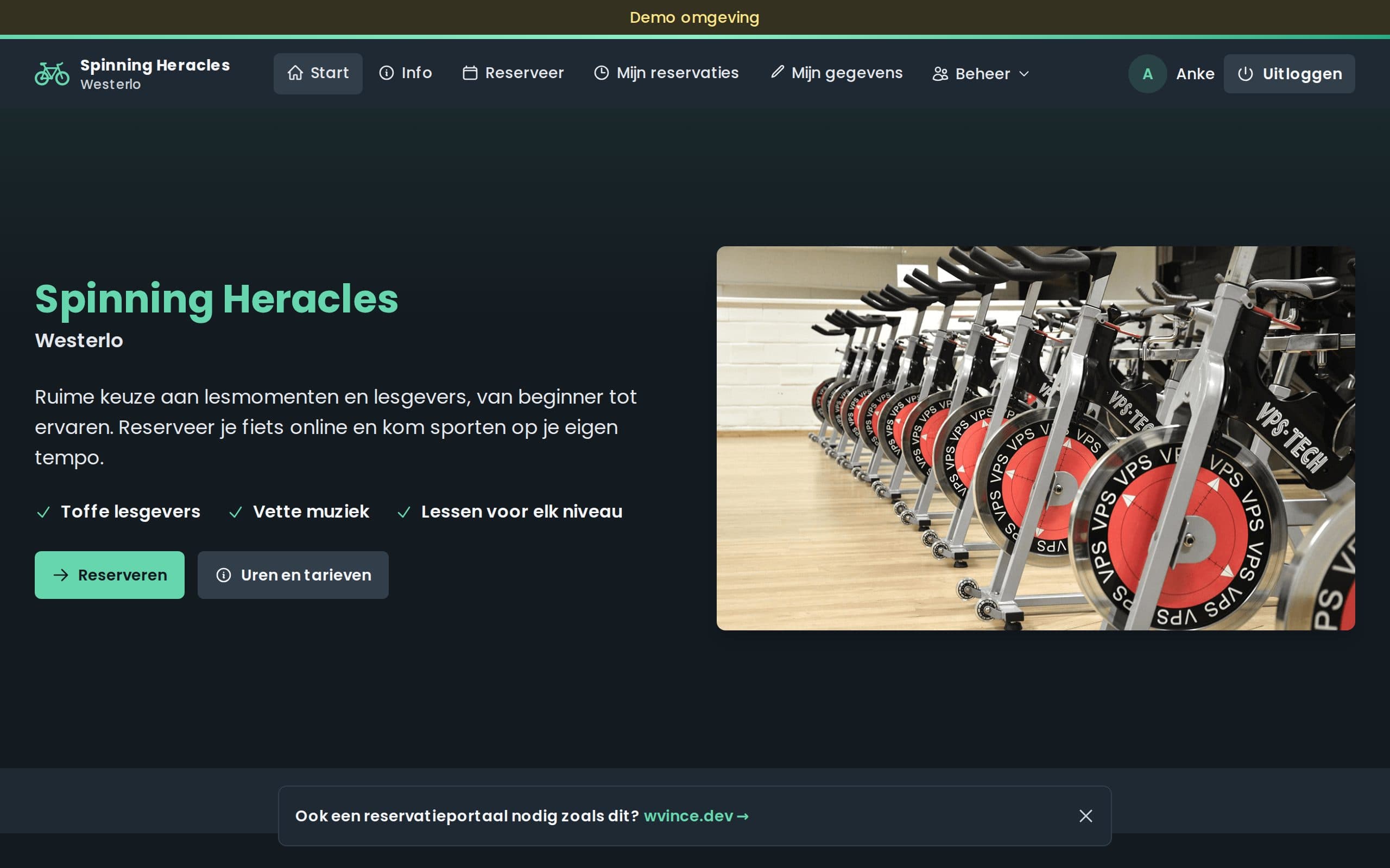 De demo-omgeving van het reservatieplatform van Spinning Westerlo